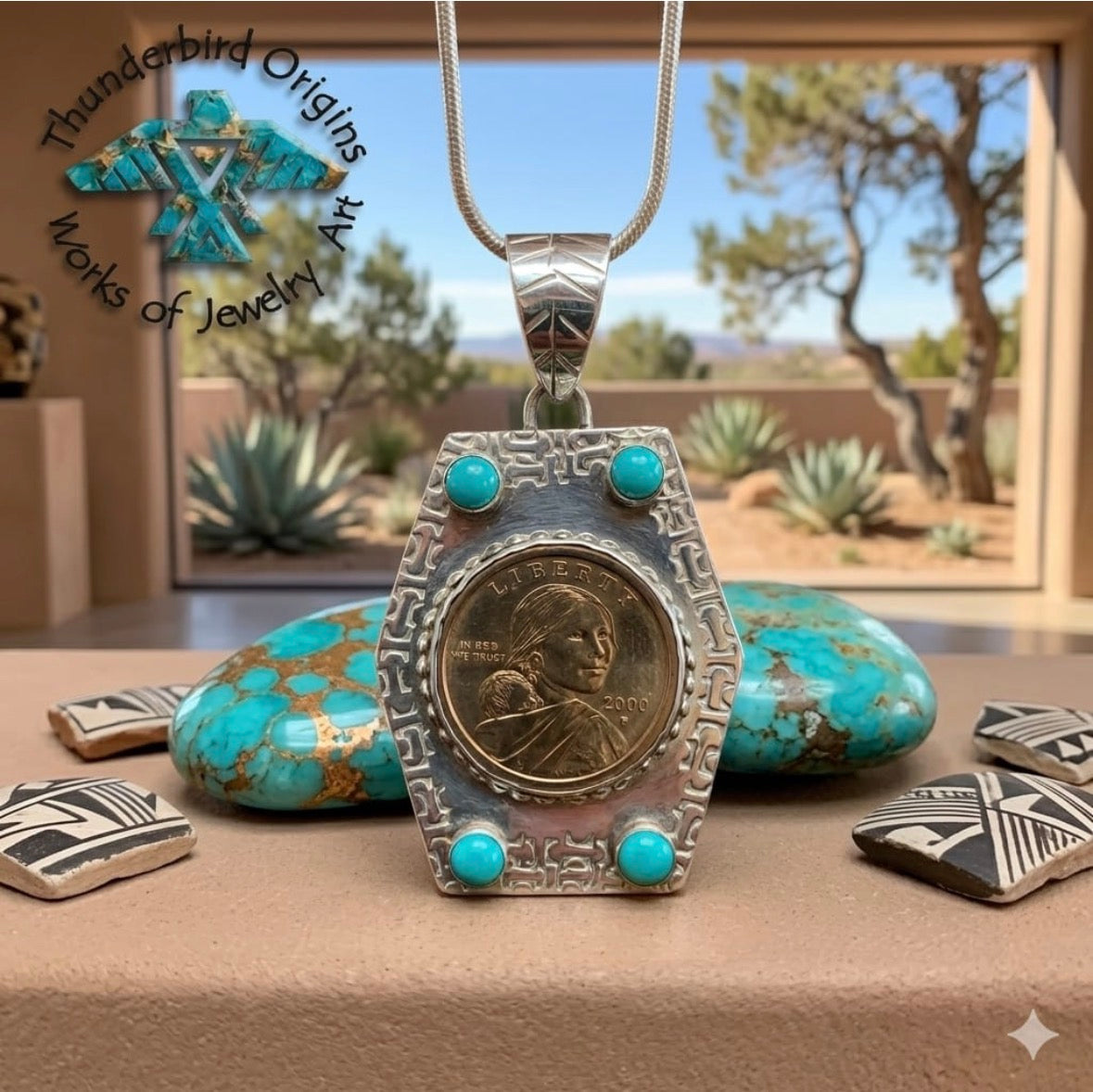 Sacajawea Pendant in Sterling Silver w/Turquoise Highlights (necklace not included)-In Stock!