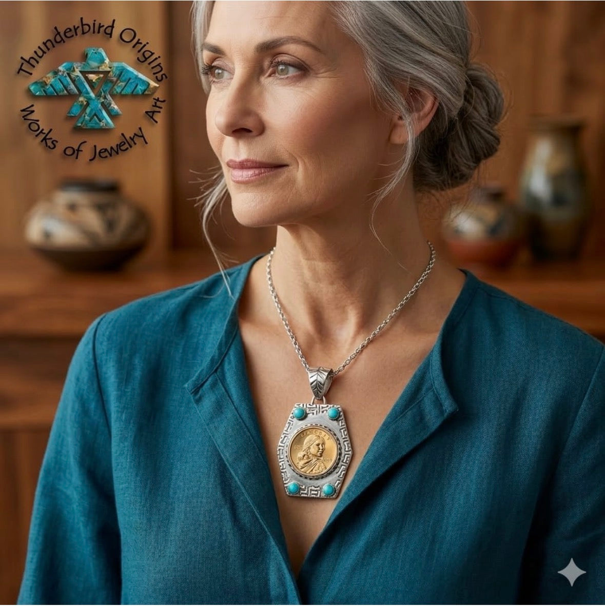 Sacajawea Pendant in Sterling Silver w/Turquoise Highlights (necklace not included)-In Stock!