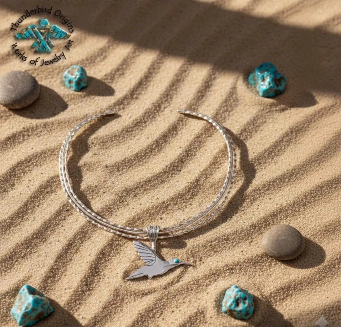 Hummingbird Pendant with Turquoise Eye in Sterling Silver (neck ring sold separately)-in Stock!