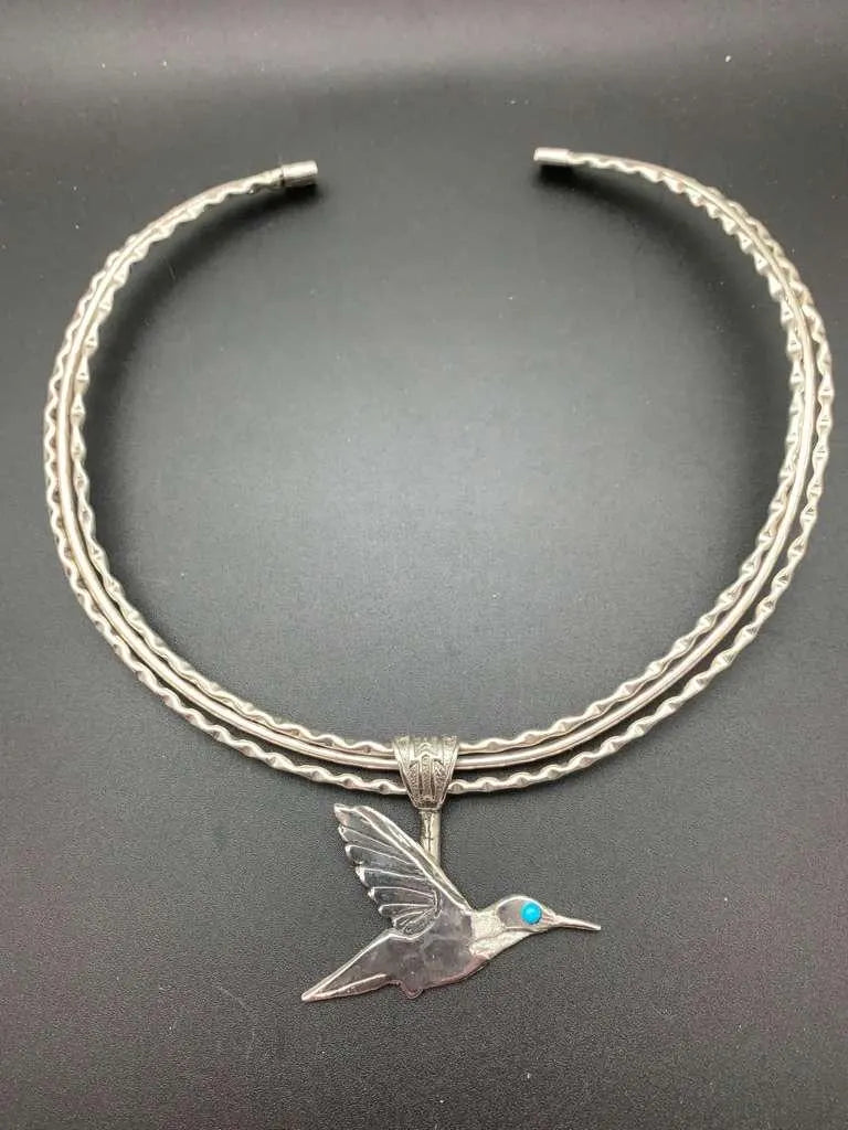 Hummingbird Pendant with Turquoise Eye in Sterling Silver (neck ring sold separately)-in Stock!
