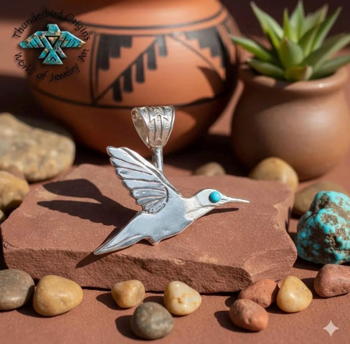 Hummingbird Pendant with Turquoise Eye in Sterling Silver (neck ring sold separately)-in Stock!