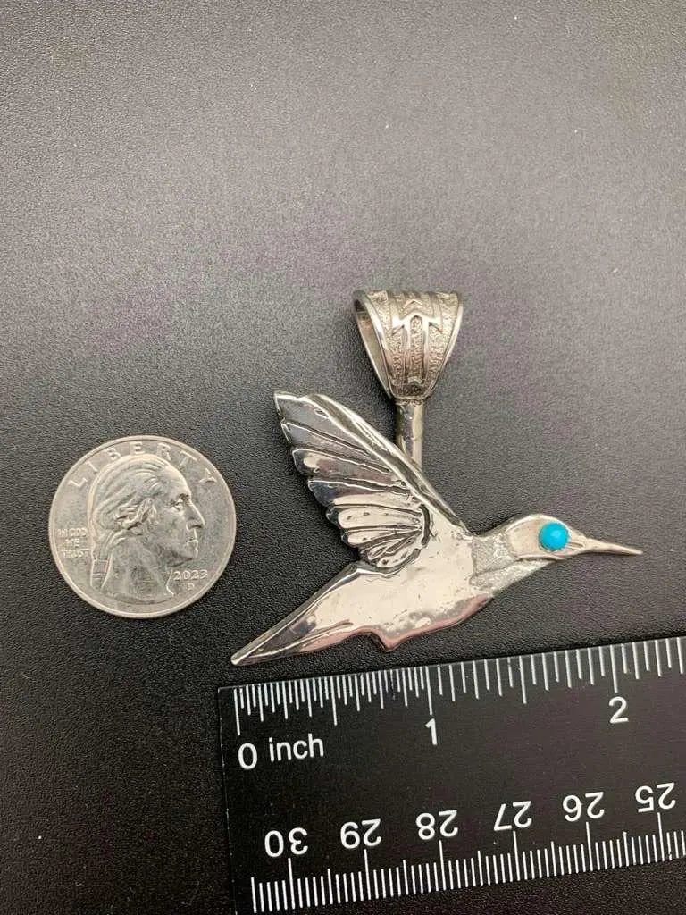 Hummingbird Pendant with Turquoise Eye in Sterling Silver (neck ring sold separately)-in Stock!