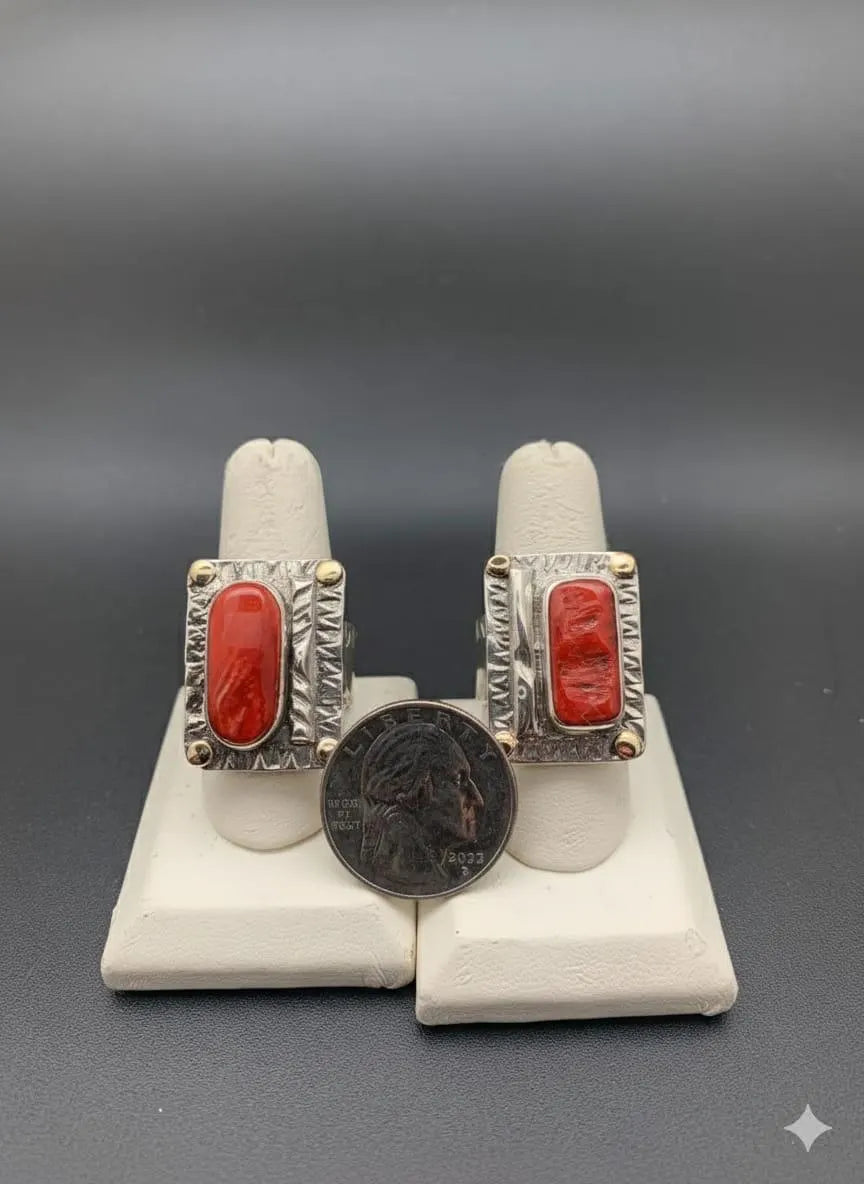 Spiny Red Oyster Sterling Silver & Gold Accented Ring (adjustable)-One In Stock!