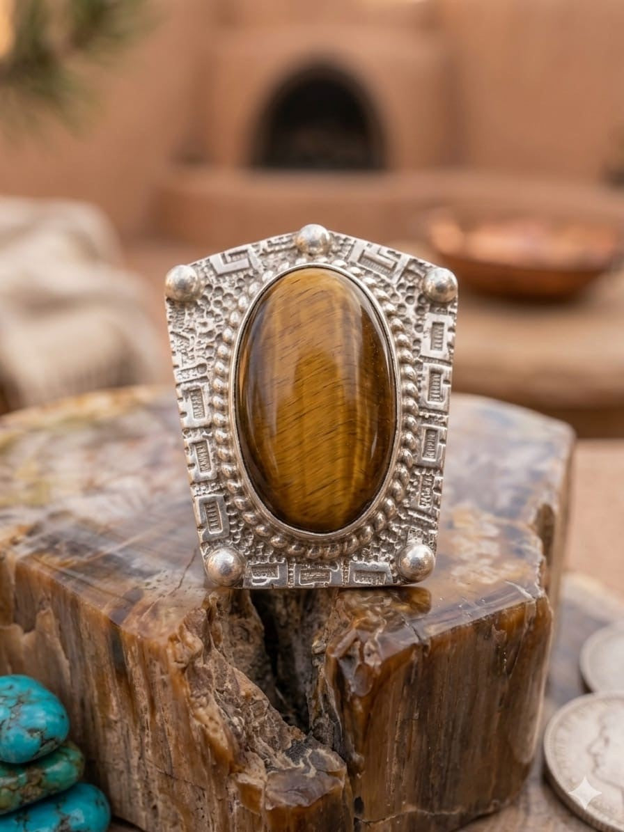 Tiger’s Eye & Sterling Silver Ring with Silver Ball Accents (adjustable)-In Stock!