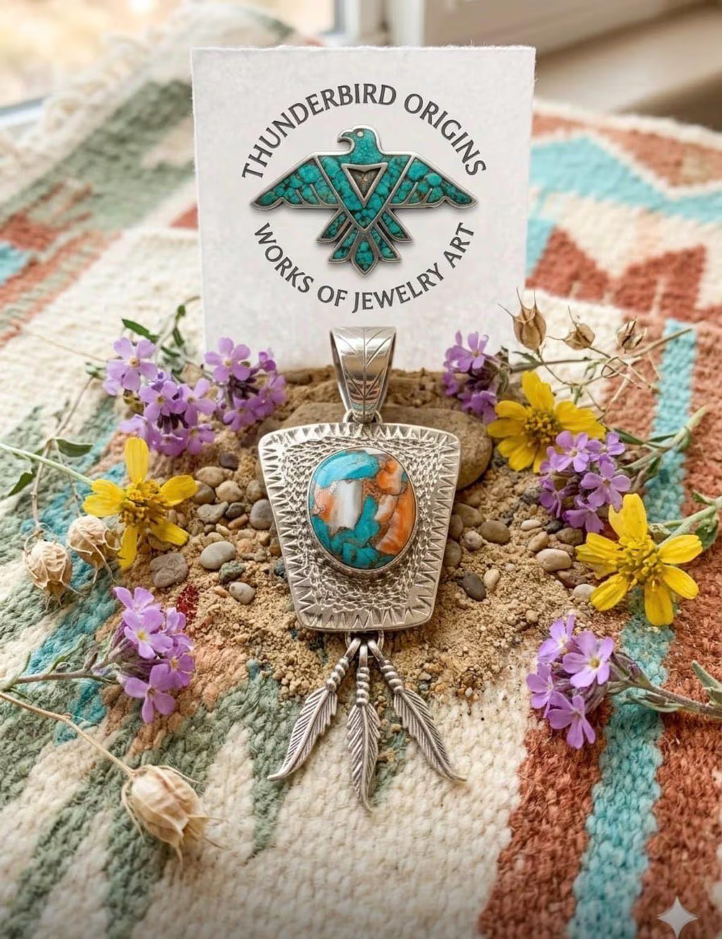 Turquoise/Abalone/Bronze in Sterling Silver Pendant with Optional Feathers-In Stock!