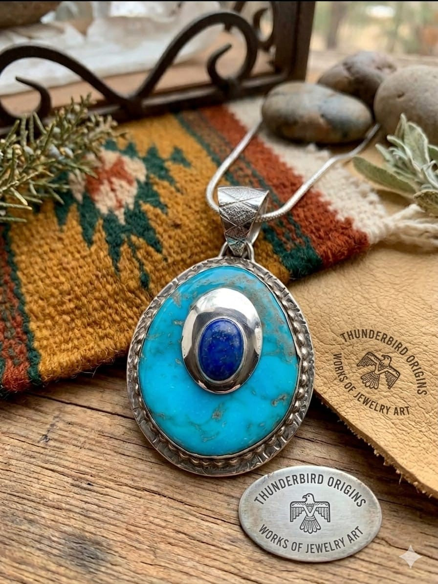 Turquoise w/Blue Lapis & Sterling Silver Layered Pendant-In Stock!