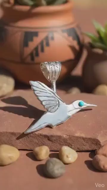 Hummingbird Pendant with Turquoise Eye in Sterling Silver (neck ring sold separately)-in Stock!