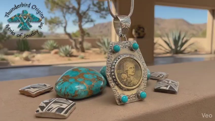 Sacajawea Pendant in Sterling Silver w/Turquoise Highlights (necklace not included)-In Stock!